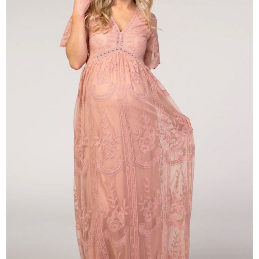 PinkBlush Mauve Lace Mesh Overlay Maternity Maxi Dress